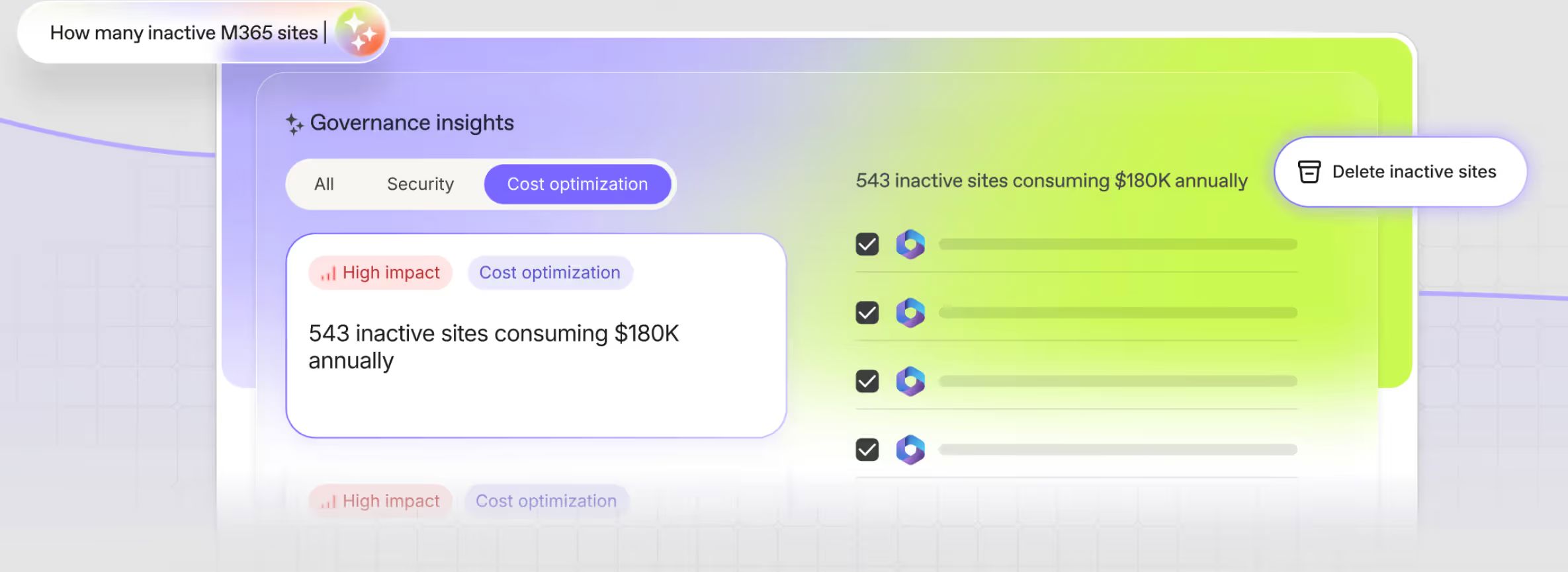 Dashboard highlighting inactive Microsoft 365 sites with cost optimization insights, showing 543 inactive sites consuming $180,000 annually, and a list of selected sites for potential deletion.