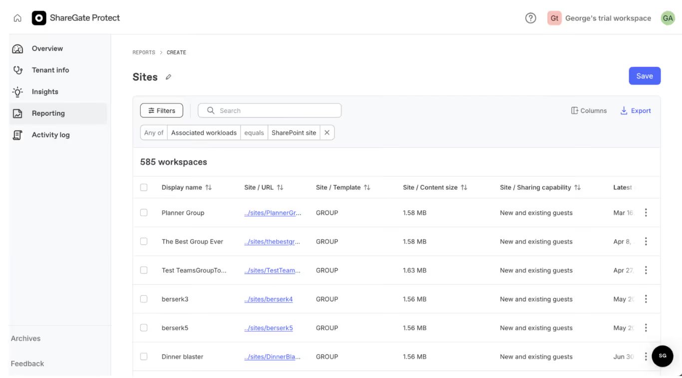 Dashboard interface for ShareGate Protect displaying a list of 585 SharePoint workspaces, including details such as display names, URLs, content sizes, sharing capabilities, and last updated dates. Shows filtered workspace groups with options for tenant management and reporting.