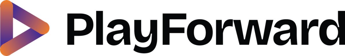 Modern corporate logo featuring a stylized directional arrow in gradient colors transitioning from purple to orange, followed by the text "PlayForward" in bold, clean sans-serif font.