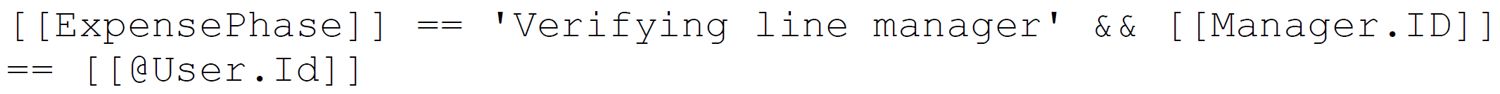A code snippet illustrating a conditional verification workflow where a user’s expense phase is checked against their line manager’s ID for validation.