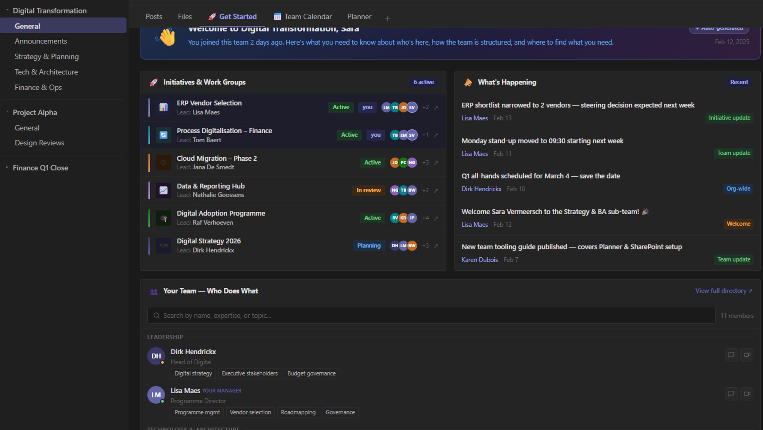 Slack workspace interface displaying active digital transformation initiatives, team updates, and leadership directory for a structured project management team. Shows ongoing projects like ERP vendor selection, process digitalization, and leadership roles including programme directors and heads of digital strategy.
