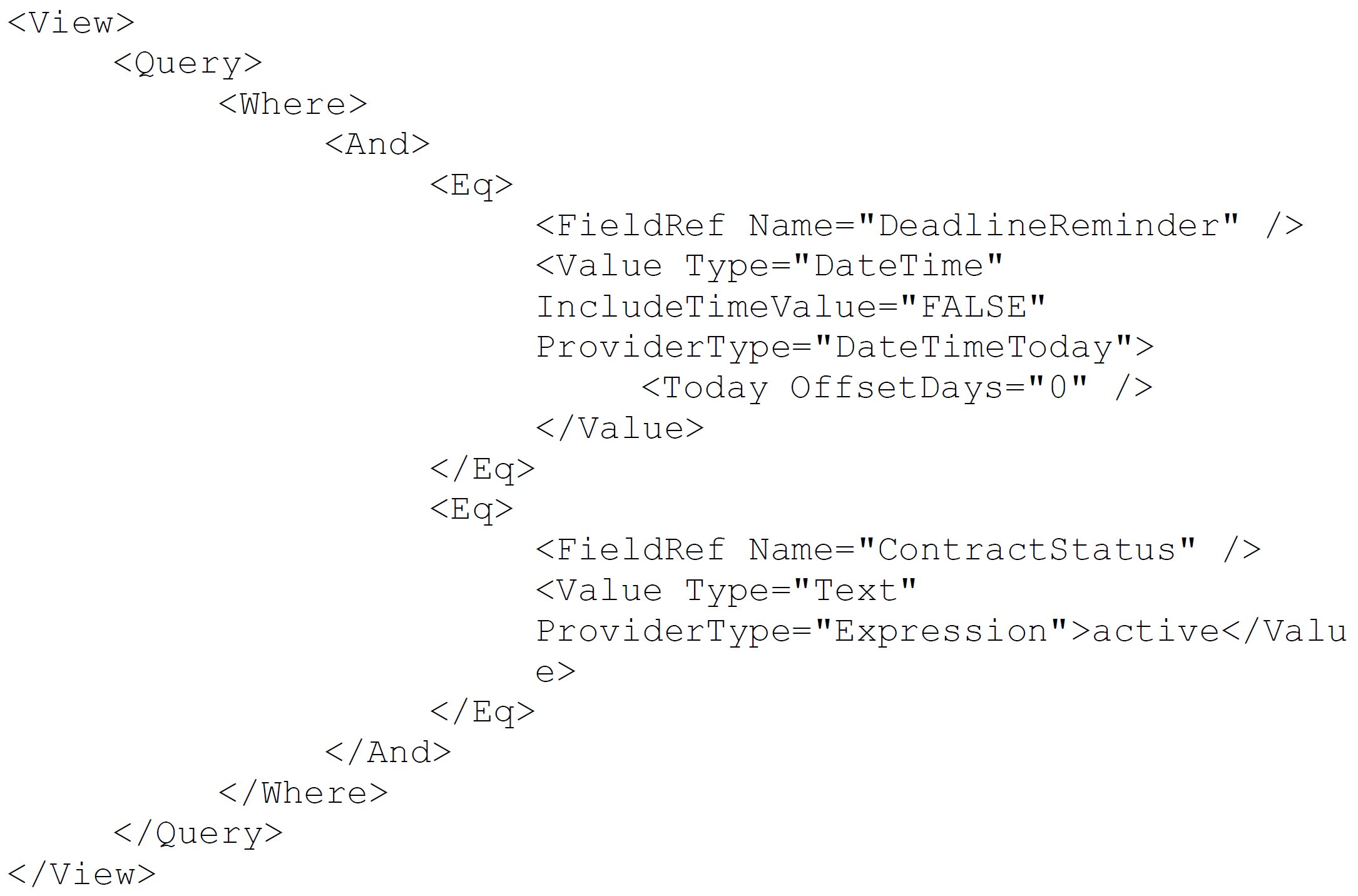 XML query filtering for active event registrations with today’s deadline reminder enabled.