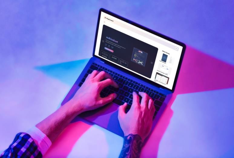A person interacts with a laptop displaying a digital event management interface featuring registration and scheduling options. Vibrant gradient lighting enhances the modern, professional workspace setting.