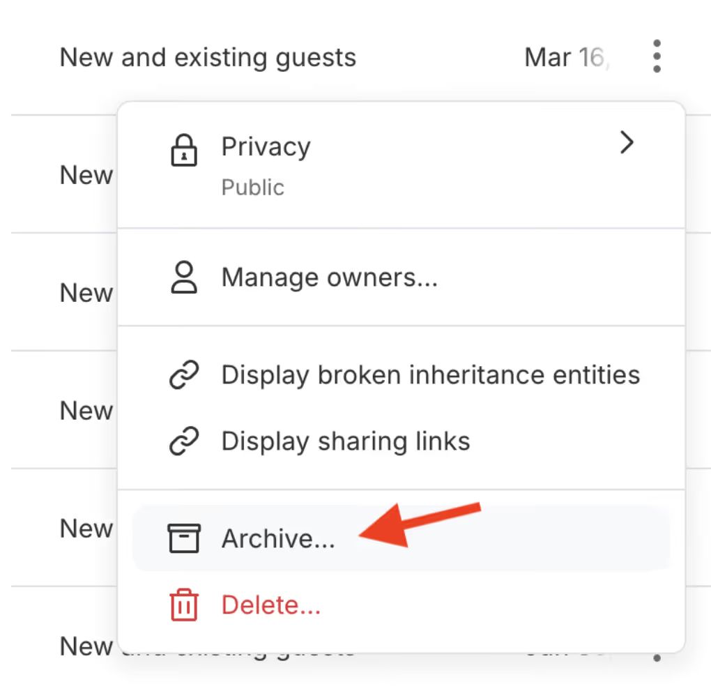 Dropdown menu displaying event management options, including an option to archive event entries. The highlighted action is to archive guest-related data.